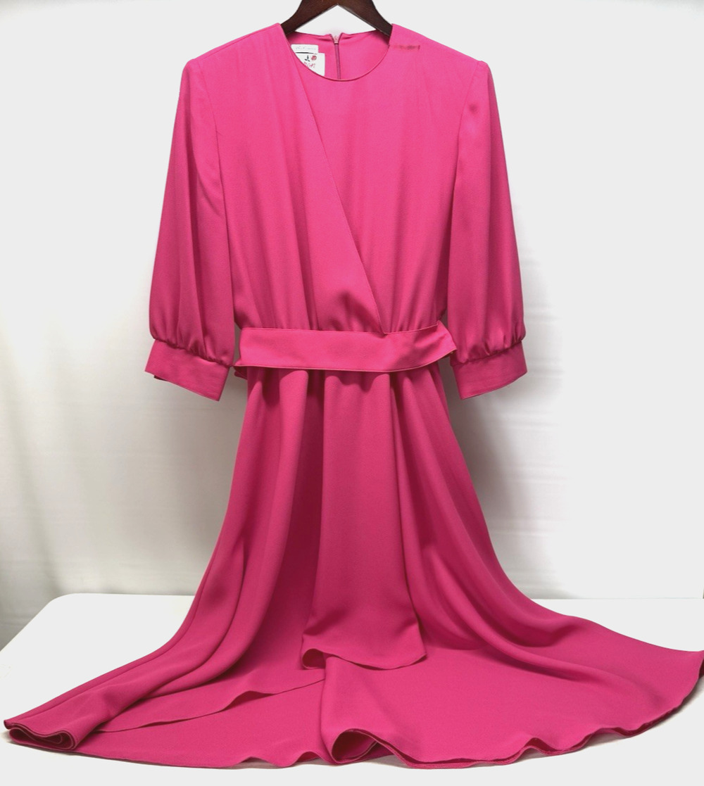 CARON Chicago Dress Womens Pink Chiffon Airy Flowy Belted Size 12  Vintage 90s